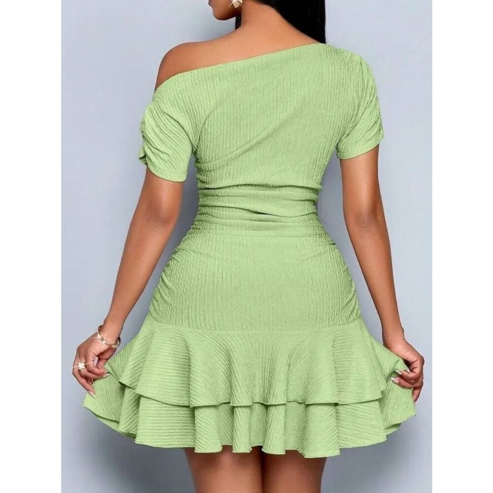Off-Shoulder Textured Bodycon Ruched Ruffle Hem Dress in Lime - Picture 3 of 5